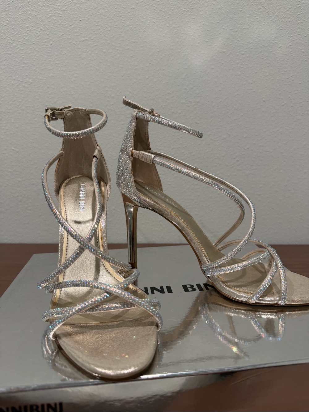 Gianni Bini Gold Strappy Rhinestone High Heel Sandals